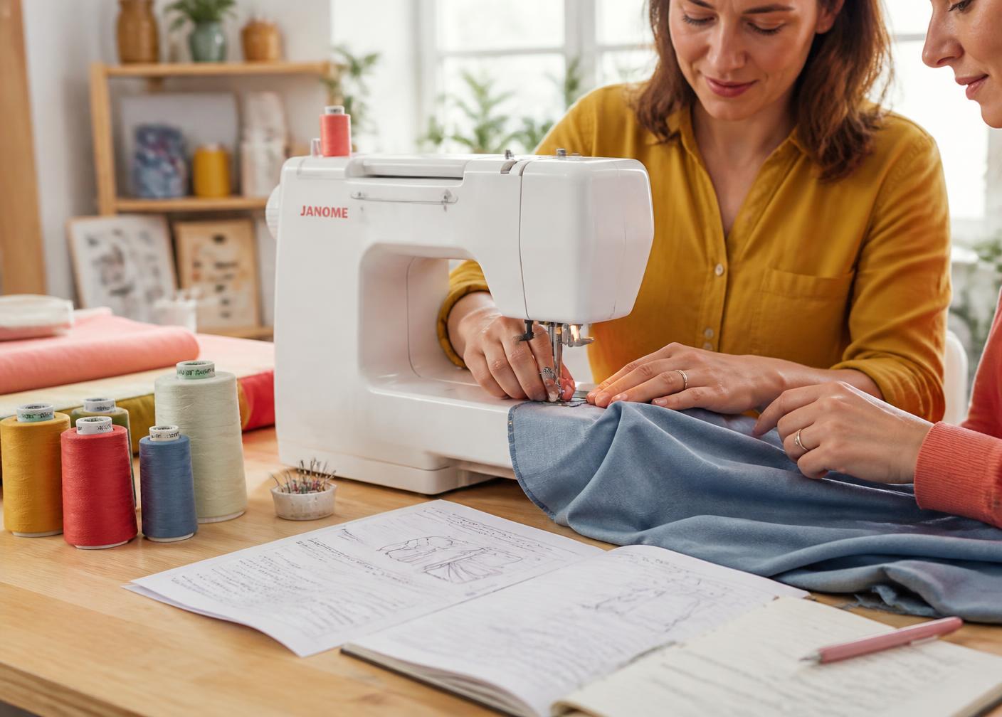 Clase de costura: manos guiando una tela bajo la máquina de coser junto a patrones y bobinas de hilo