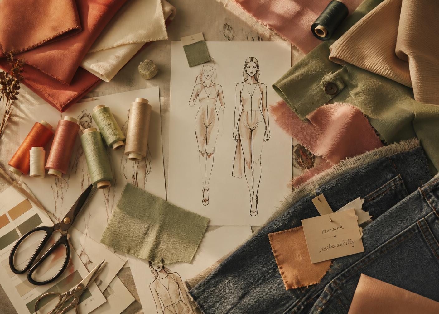 Moodboard de atelier con retales de terracota, salvia y rosa empolvado, hilos, tijeras y bocetos de moda
